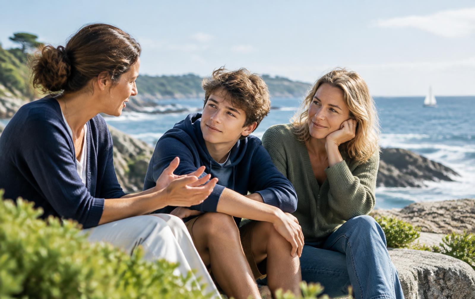 Ruhiges Coachinggespräch zwischen Mutter, Jugendlichem und Coach am Meer