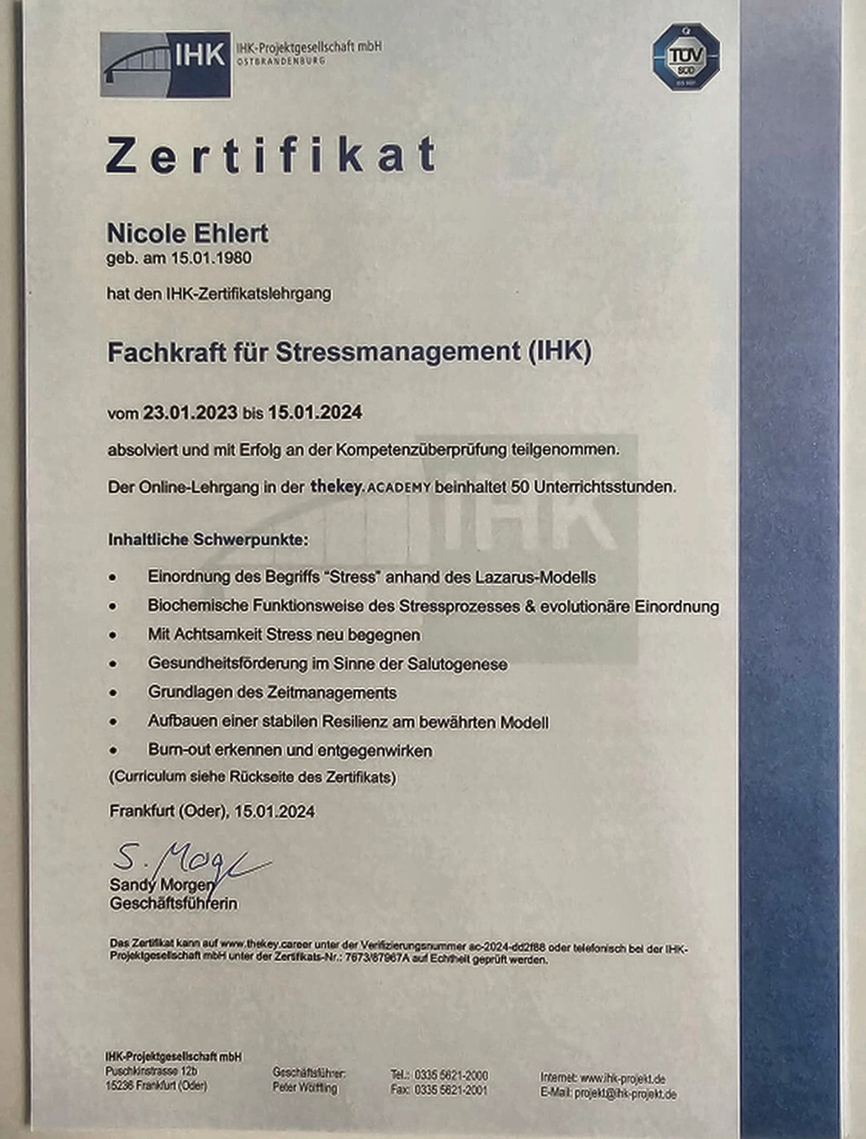 Zertifikat: Fachkraft für Stressmanagement