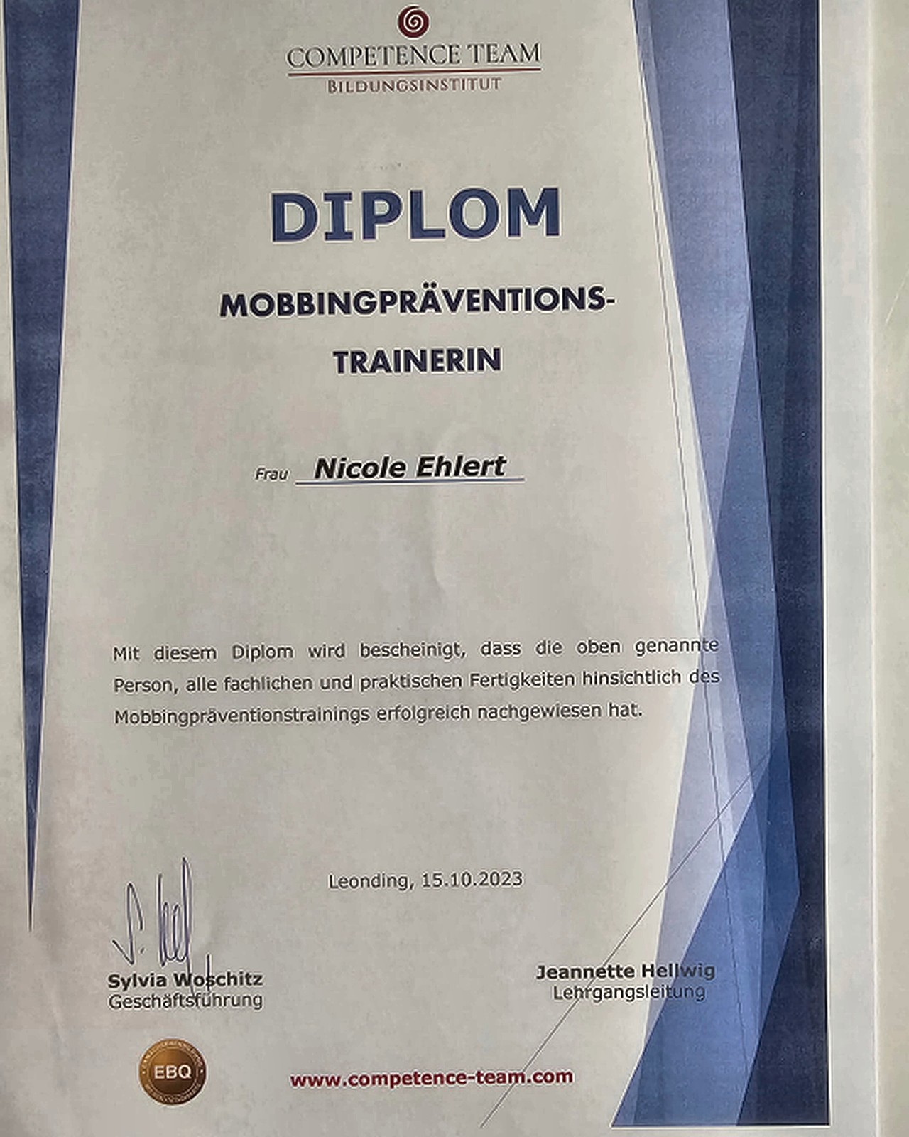 Zertifikat: Mobbingpräventions-Trainerin