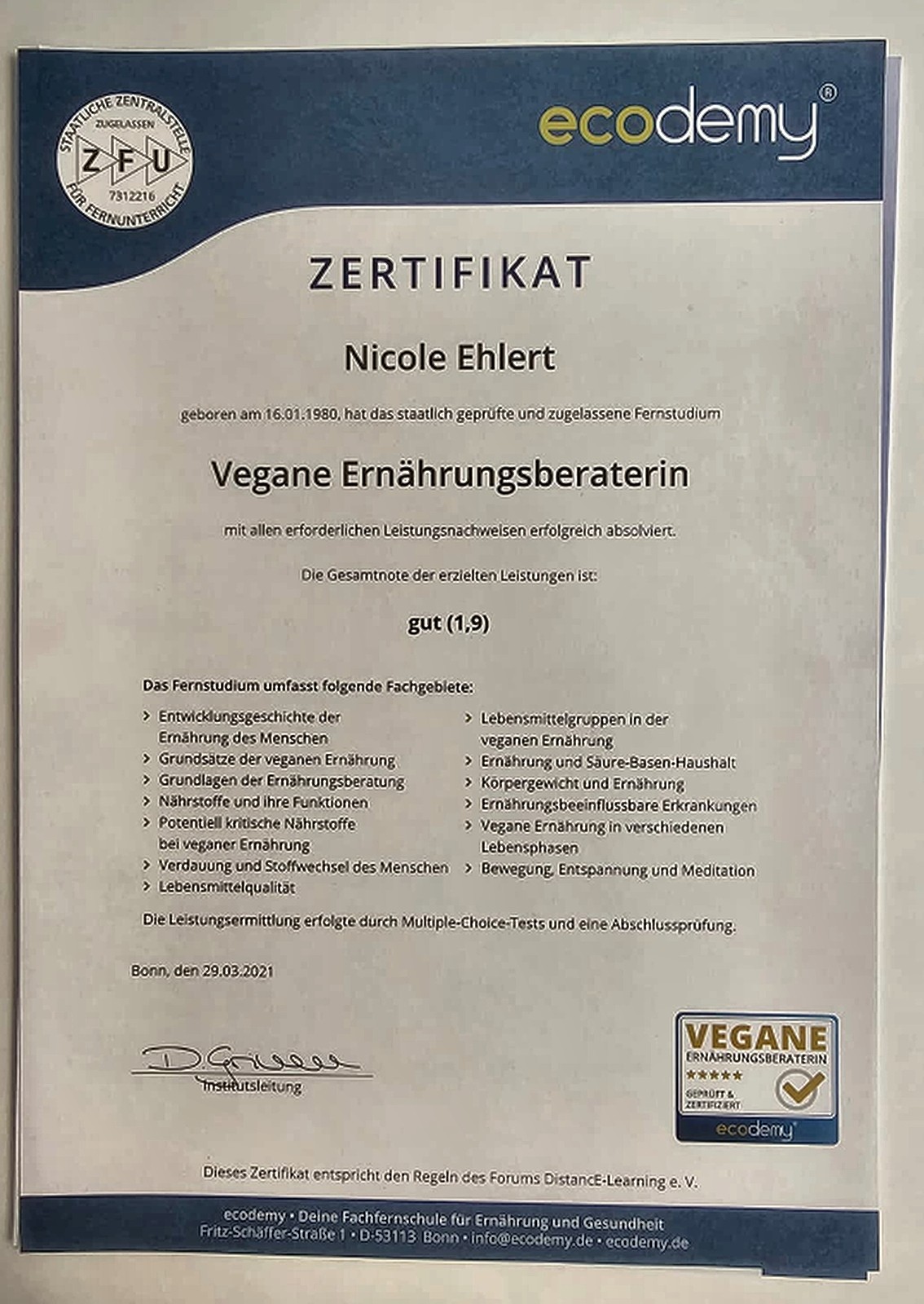 Zertifikat: Vegane Ernährungsberaterin