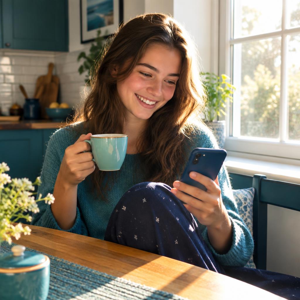 Junge Frau freut sich morgens beim Tee über einen Impuls auf ihrem Handy